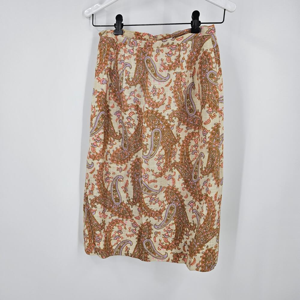 Vitange 70s Skirt Set Brown Button Down Long Sleeve Paisley Mod Secretary Sz 10 - Picture 6 of 12